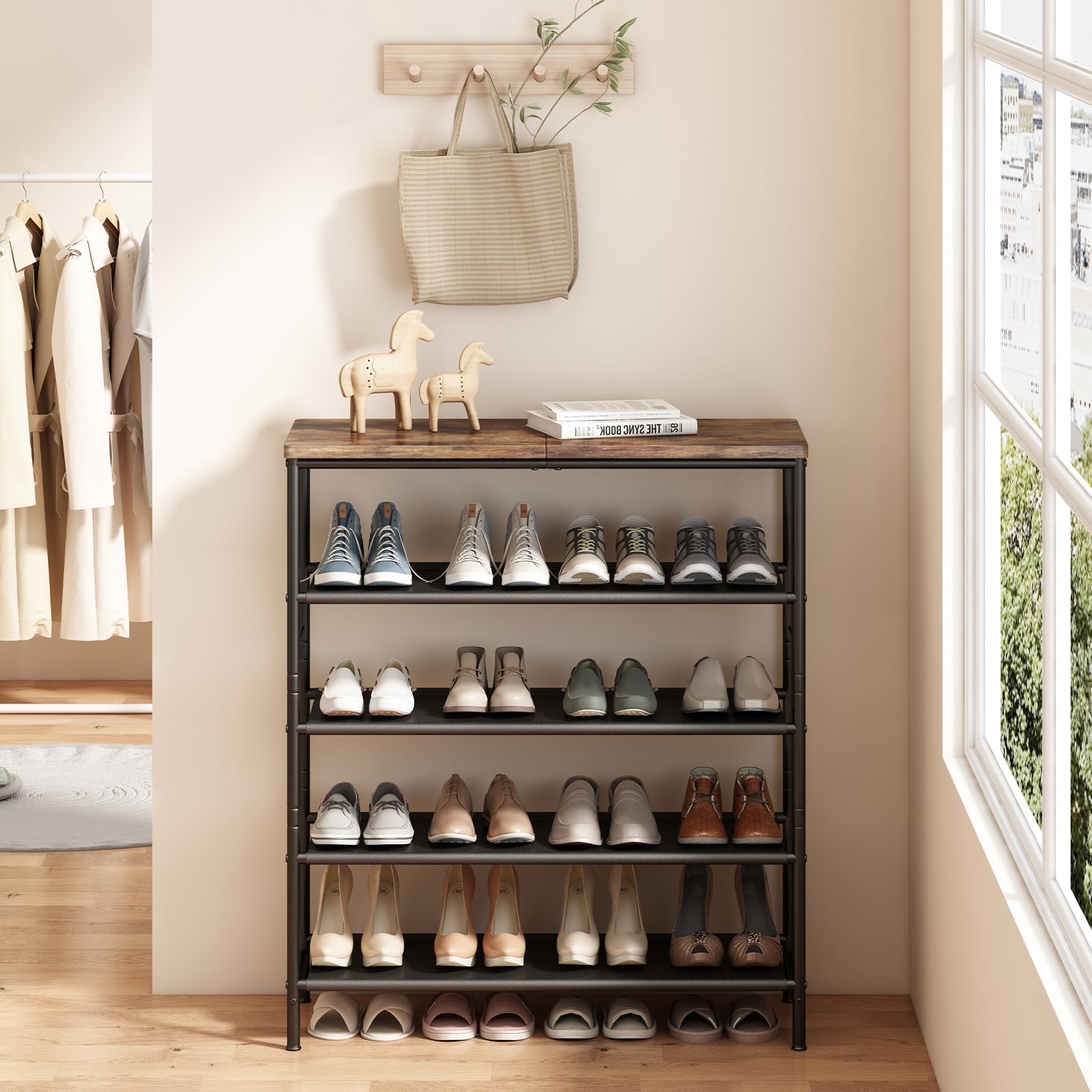 LINZINAR 5 Tier Metal Shoe Rack Organizer with Industrial MDF Board & Layer Fabric for Entryway Closet Bedroom Living Room Garage Storage A001