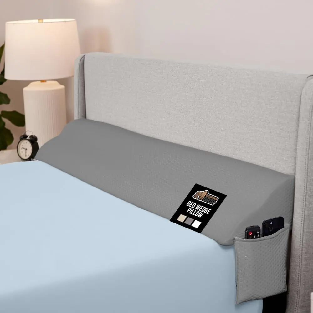 GRIP Patented Bed Wedge Pillow for Headboard Gap, Filler Between Mattress Gaps, Comfortable Supportive High Density Cushioned Foam Pillows, Stay in Place Gripping Dots, Queen Soft Gray