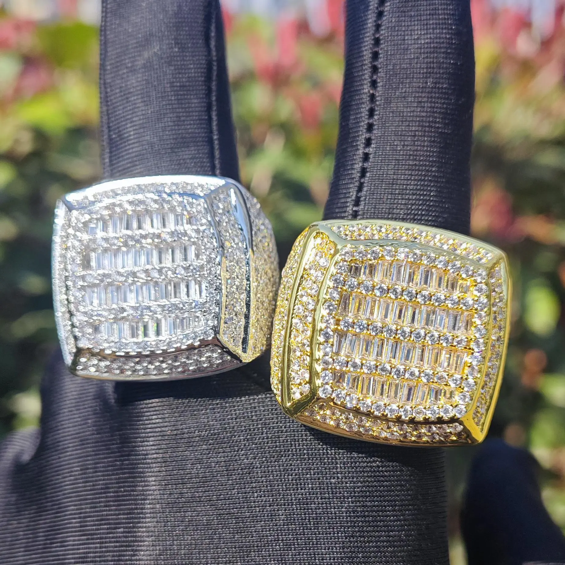 IH Large Square Cushion Dome Ring 18K Gold Plated Natural Sri Lanka Zircon Baguette Top Fully Iced Statement Hip Hop Jewelry for Men Women
