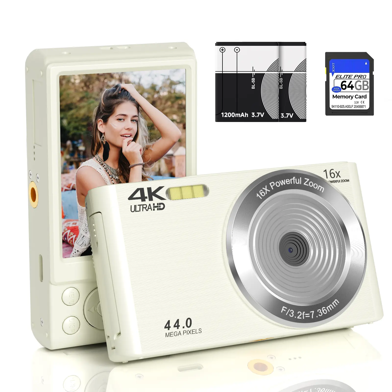 4K Digital Camera for Vlogging, Y2K Vintage Cream White Compact Digicam with 44MP & 16X Digital Zoom, Travel Pocket Camera Starter Kit (Includes 64GB Card & 2 Batteries)