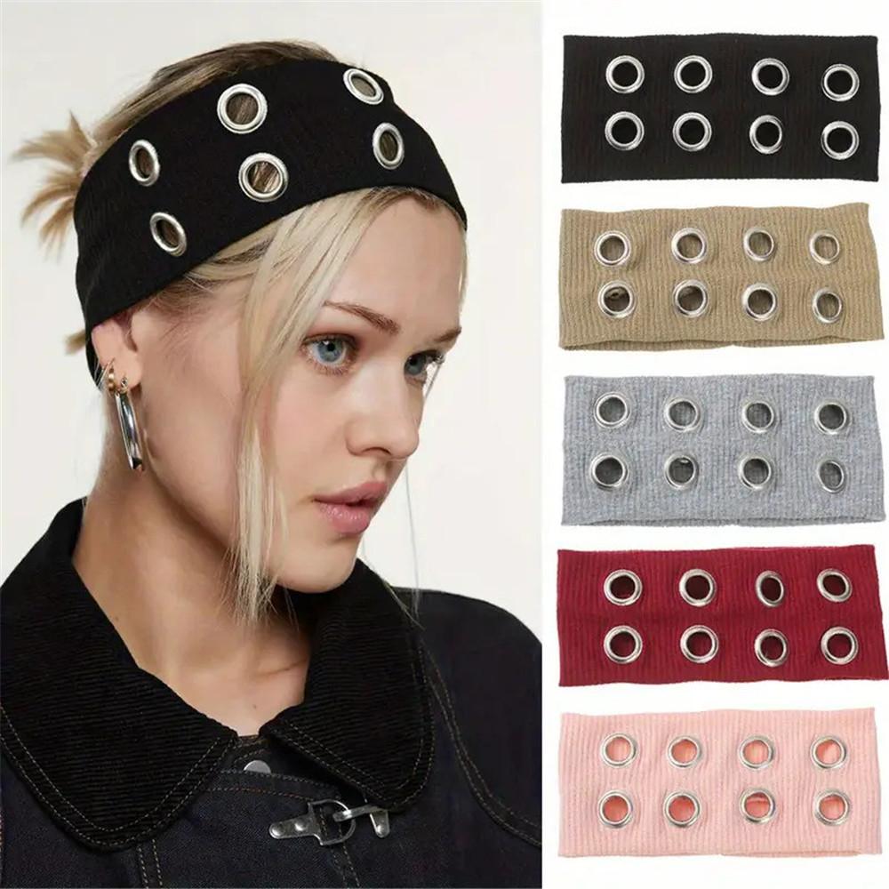 AWAYTR Harajuku Y2K Punk Girl Punk Grunge Hollowed Out Eyelets Wide Headband Elastic Headbands Fashion Steampunk Gothic Sports Headbands Hair Accessories