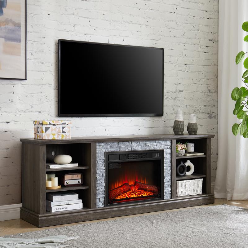 Large Fireplace TV Stand Storage Rack with Faux Stacked Stone Surround, Modern Media Console Table with Large Storage Cabinet and 23" Fireplace Insert, 70.12"W*15.35"D*25.83"H