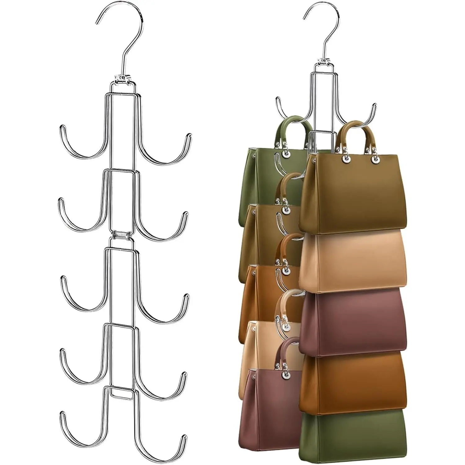 Purse Organizer for Closet, Upgraded Purse Hanger with 10 Big Hooks, 360 Degree Rotation for Better Organizer&Display, Collapsible Space Saving Hangers Rack for Handbag, Belt, Scarve, Tie