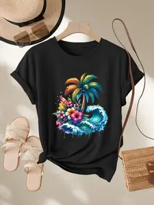 Women's Tropical Vacation Style Round Neck Short Sleeve T-Shirt, Coconut Tree Wave Floral Print, Beach Summer Casual Wear