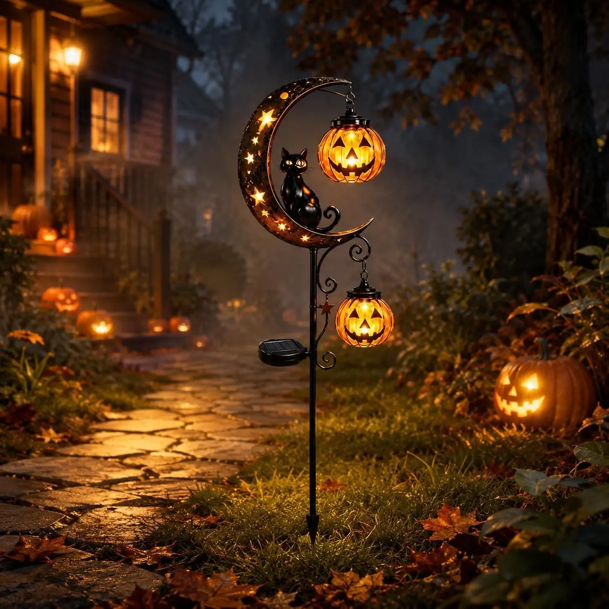 Solar Halloween Cat and Pumpkin Moon Garden Stake Light, Outdoor Waterproof LED Decor, Hanging Pumpkin Lamp for Garden, Patio, Walkway, Porch