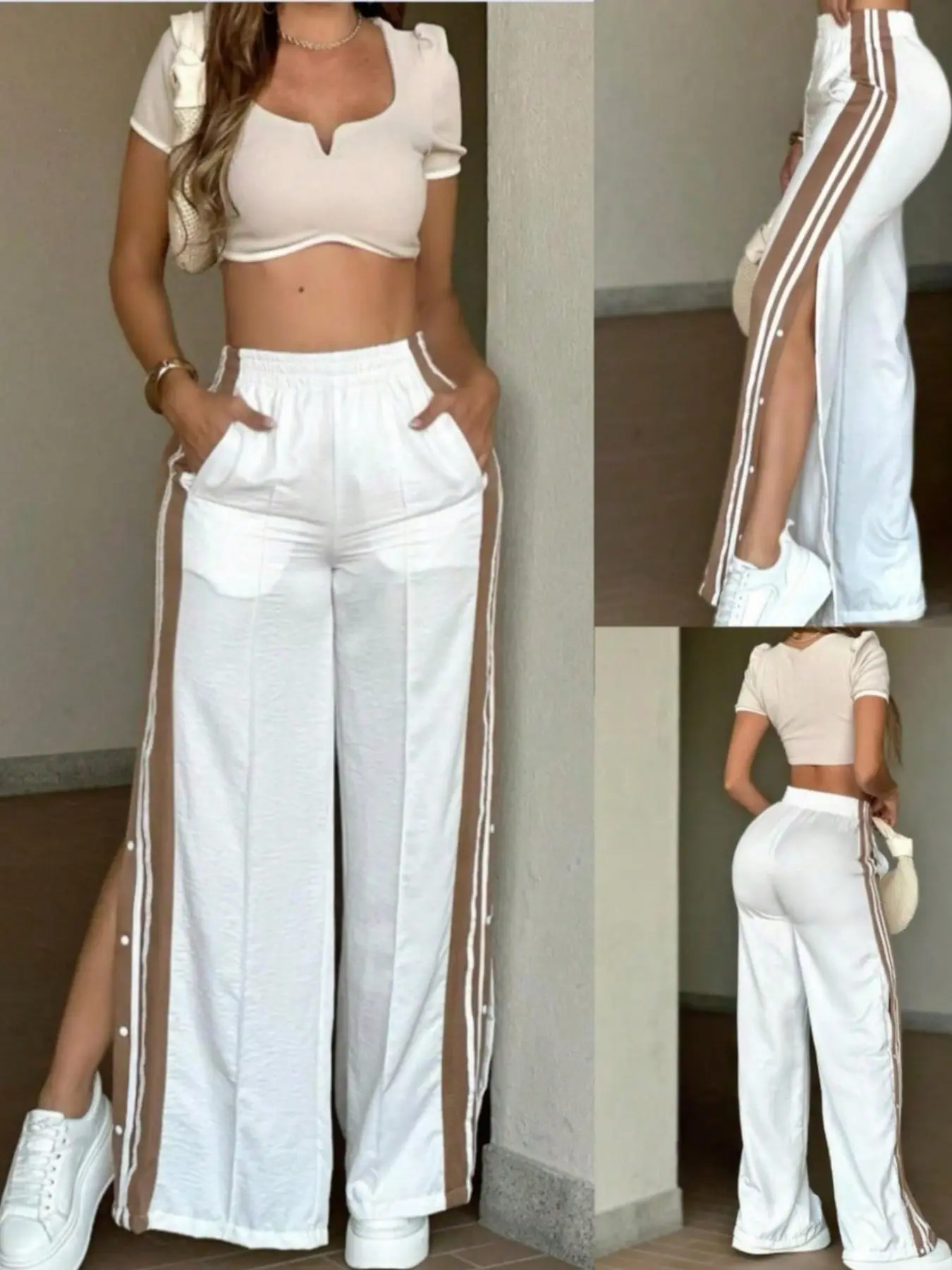 New 2026 European and American Side Button High Waist Wide Leg Pants, Split Button Design, Casual Flowy Pants 10517 Bottoms