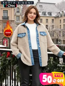 Women's Long Sleeve Loose-Fitting Casual Jacket, Teddy Velvet Patchwork Design, Perfect for Daily Wear & Stylish