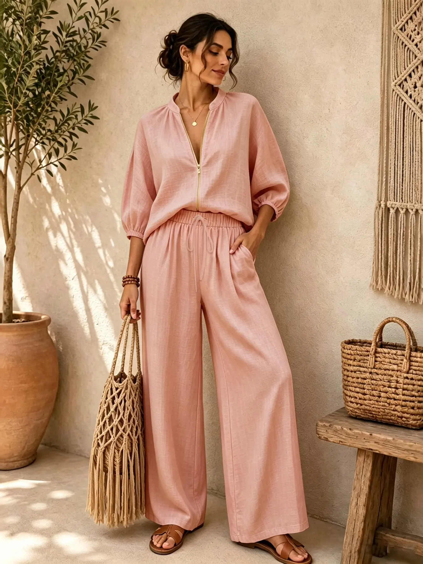 Women's 2-Piece Set, Three-Quarter Sleeve Zipper Jacket and Long Pants, Loose Fit Stand Collar Outerwear, Ideal for Home, Leisure, Outdoor Activities