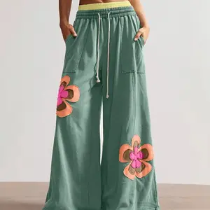 Women’s Boho Embroidered Wide Leg Pants, Floral Patchwork Hippie Trousers, Elastic Waist Loose Fit Casual Bottoms for Women, Comfortable Lightweight Everyday Wear, Summer Festival Vacation Essential