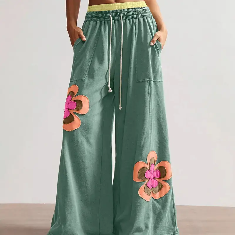 Women’s Boho Embroidered Wide Leg Pants, Floral Patchwork Hippie Trousers, Elastic Waist Loose Fit Casual Bottoms for Women, Comfortable Lightweight Everyday Wear, Summer Festival Vacation Essential