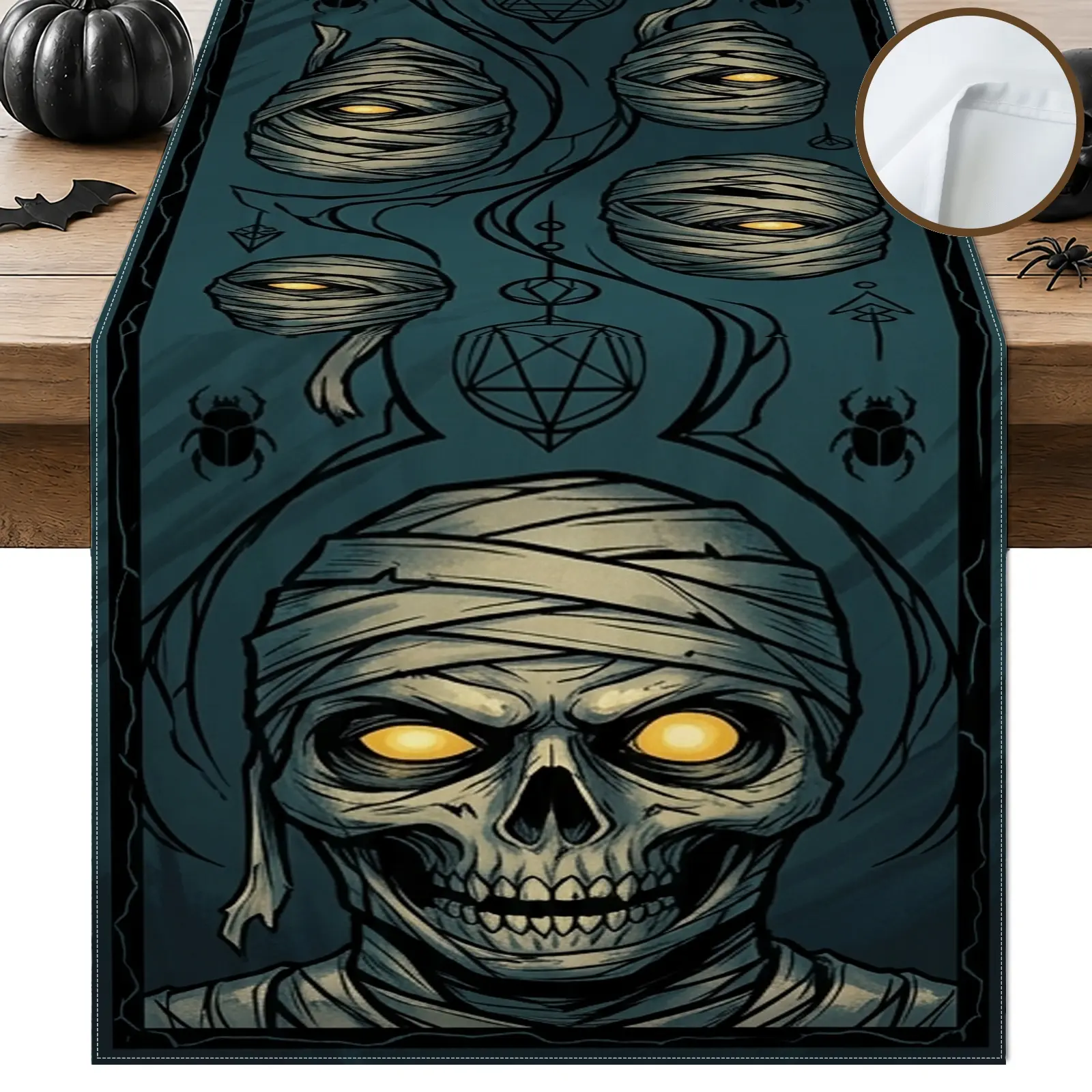 1pc Skull Mummy Spider Table Runner, Gothic Halloween Style, Decorative Border Watercolor Style Print, for Dining Table Halloween Party Home Decor Seasonal Table Decor