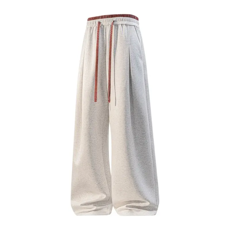 Autumn Winter Men's Heather Casual Sport Sweatpants, Contrast‑Trim Waistband Drawstring Elastic Waist Long Trousers, Front Pleated Design Soft Fabric Street Trousers For Daily Travel And Casual Occasions # sohochic