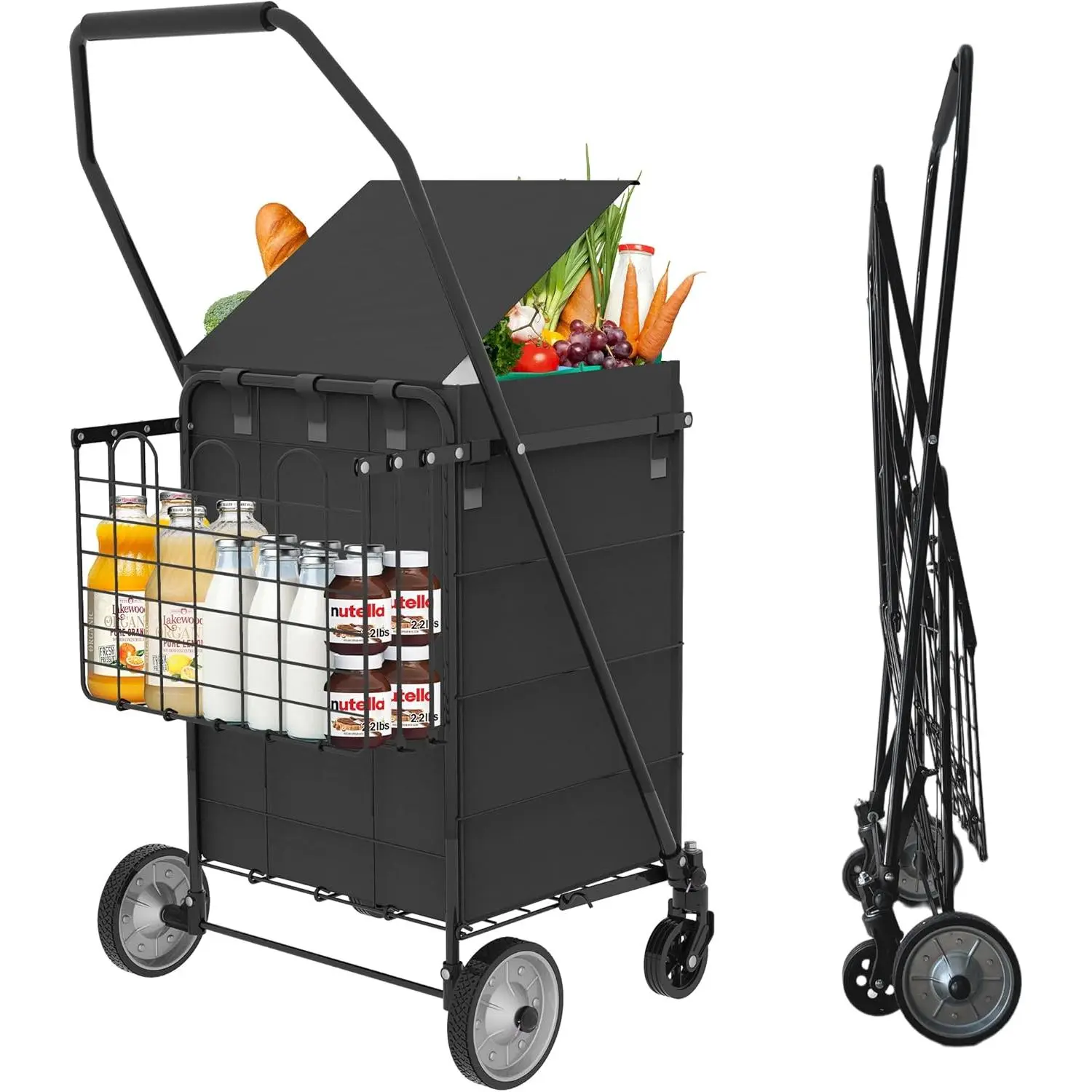 ARCH Foldable Grocery Cart with Wheels, 100 lbs Heavy-Duty Utility Wagon, 85L Dual Baskets, Waterproof Bag, 360° Swivel Wheels, Metal Frame, Oxford Fabric, for Grocery, Camping, Motorhome Use, Antique Black