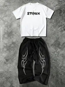 Men's Metal Letter Print T-Shirt & Tribal Thorn Wide-Leg Sweatpants Set, Casual Sportswear, American Dark Street Style