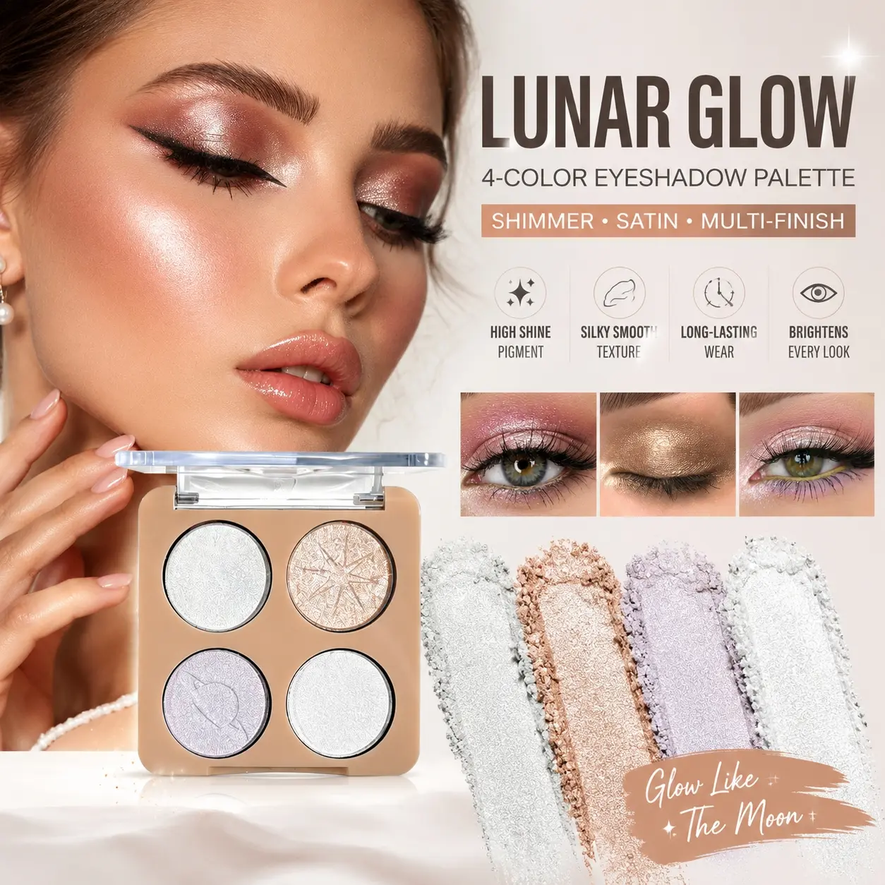 Lunar Glow 4 Shades Shimmer Satin Eyeshadow Palette, two available cool silver-gold & warm red glitter tone sets, high pigment radiant sparkling formula with silky smooth blendable texture, long-lasting crease-proof all-day eye makeup.