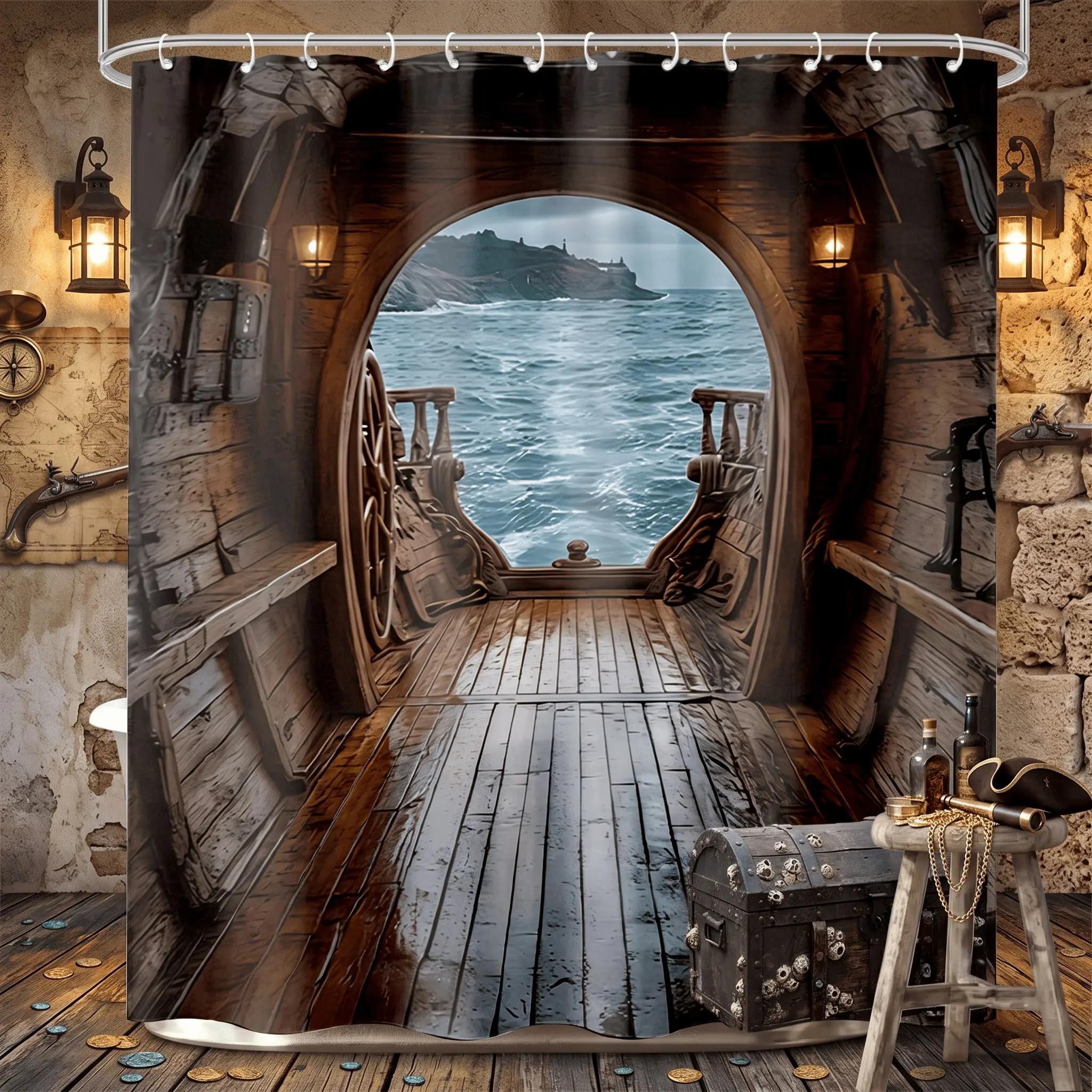 1pcs Nautical Pirate Ship Deck Shower Curtain, Rustic Wood Grain Cabin, Sea View Fabric, Bathroom Drapes, Ocean Voyage Bath Decor