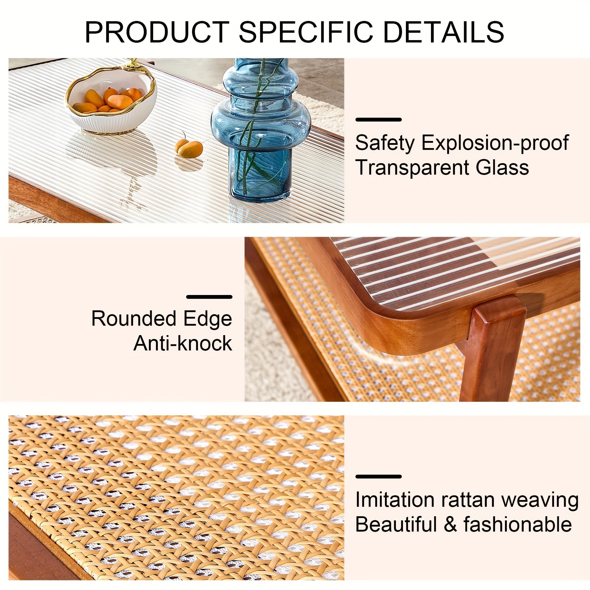 Modern Rectangular Glass Desktop Coffee Table Rattan Woven Edge Coffee Table Living Room