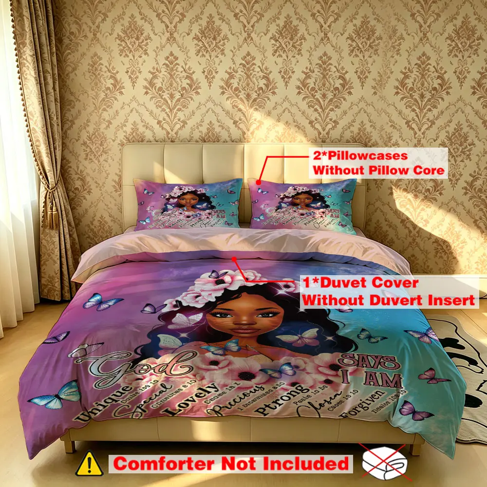The 3-piece black girl's "God says I am" bedding set includes one quilt and two pillowcases, without fillings. It's soft and comfortable, suitable for single beds and double beds, and ideal for bedrooms, dormitories, and hotels.