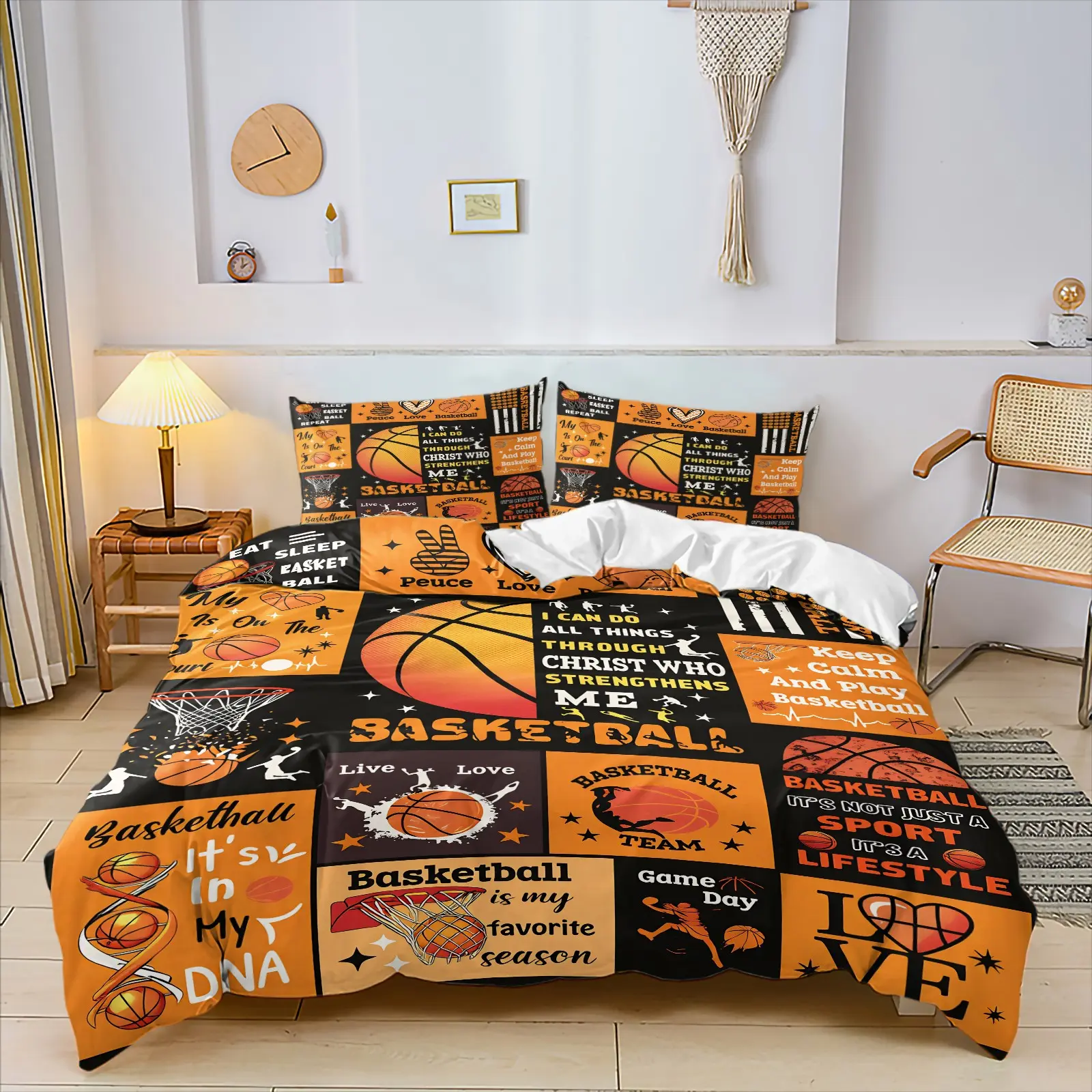 Basketball Pattern Duvet Cover Set, 1 Duvet and 1-2 Pillowcases, Motivational Sports Print, Soft and Breathable, Teen Boys Bedroom Decor