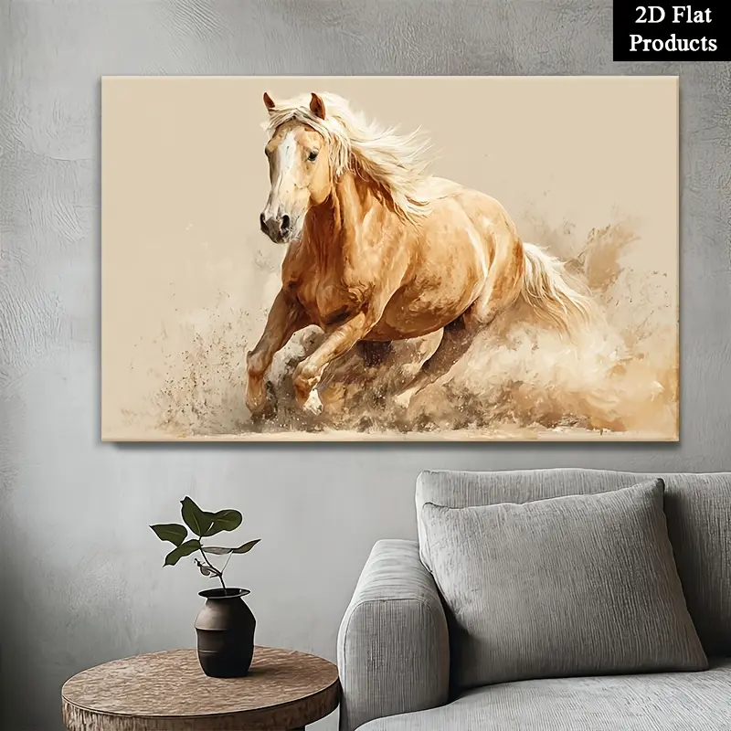 2D Flat, 1Pc Golden Brown Wild Palomino Horse - Framed Canvas Painting, depicting the shiny coat of a running horse, suitable for living room and bathroom decoration, a picture of a galloping horse, Valentine's Day gift, equestrian theme
