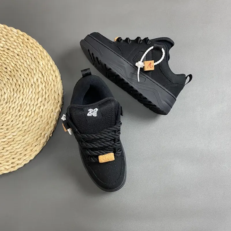 Matte Black Retro Bread Chunky Shoes For Men Women, Heavy Braided Rope Laces, Plush Thick Shoe Tongue, Shock Absorbing Rubber Sole, Full Large Sizes, Casual Street Kicks Shoes For Back To School, Mall Trips & Campus Daily OOTD