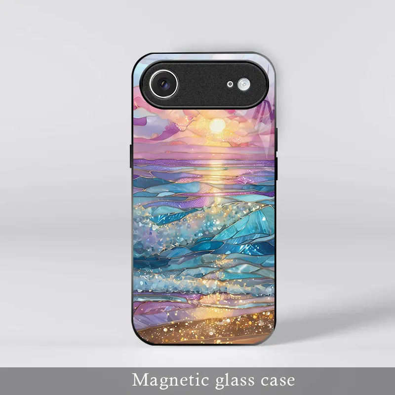 Sunset Ocean Aesthetic Stained Glass Ocean Wave Magnetic Phone Case for iPhone 17 Air, Gold Foil Seascape MagSafe Glass Cover ---975