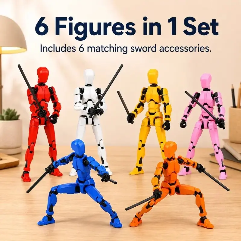 6 Full Joint Action Figure Models, Multi-Joint 3D Printed Dolls with Sword Accessories, Desktop Decor & Animation Practice Toys