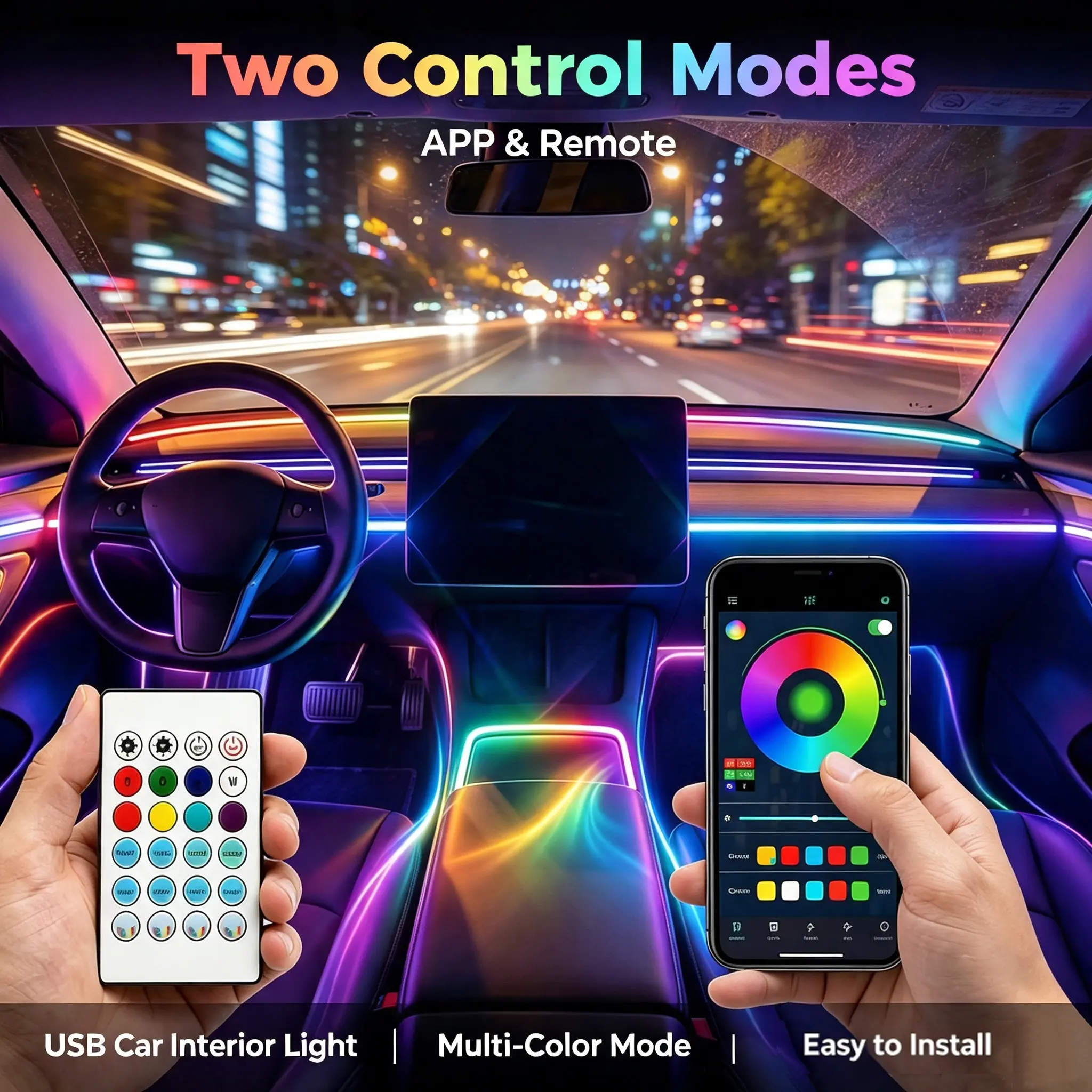 USB RGB Car Interior decorative light Ambient Light Strip, Bluetooth APP & Remote Control Neon Atmosphere Light, Music Sync Multicolor Gradient Lighting, Flexible Hidden LED Strip, Easy Install Car Decor Light for Sedan, SUV, Truck Night Driving