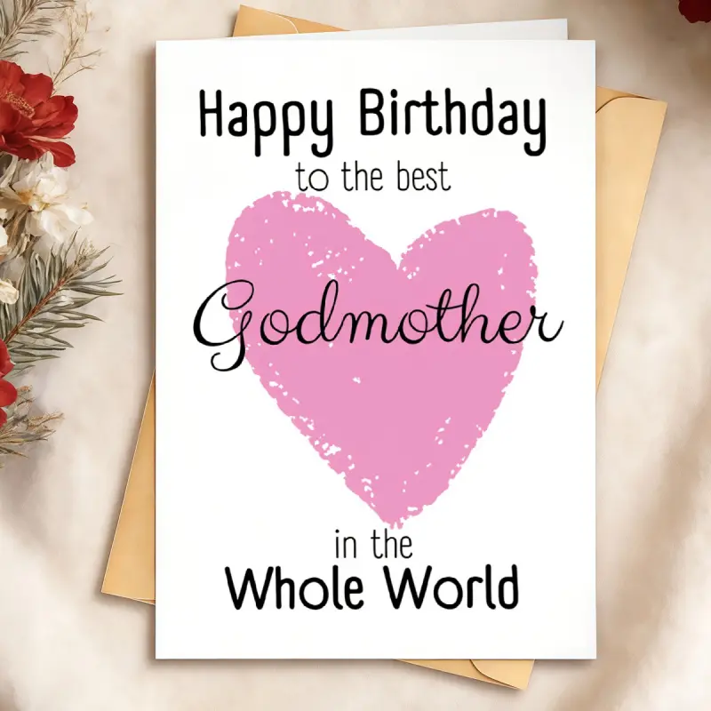 1 best godmother birthday card with a pink heart design and blank interior pages, used for celebrating a godmother's birthday