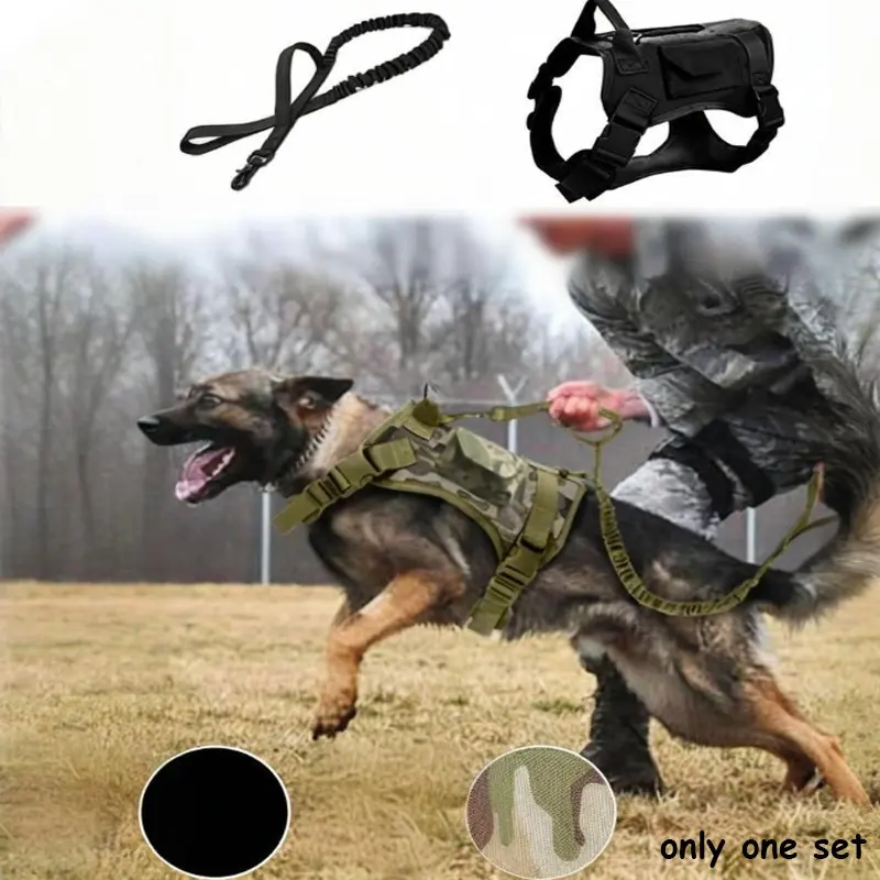 Pet Vest Harness Set with Pocket and Velcro Buckle, Adjustable Neck and Chest Strap, Tactical Dog Leash Harness for Large and Medium Dogs