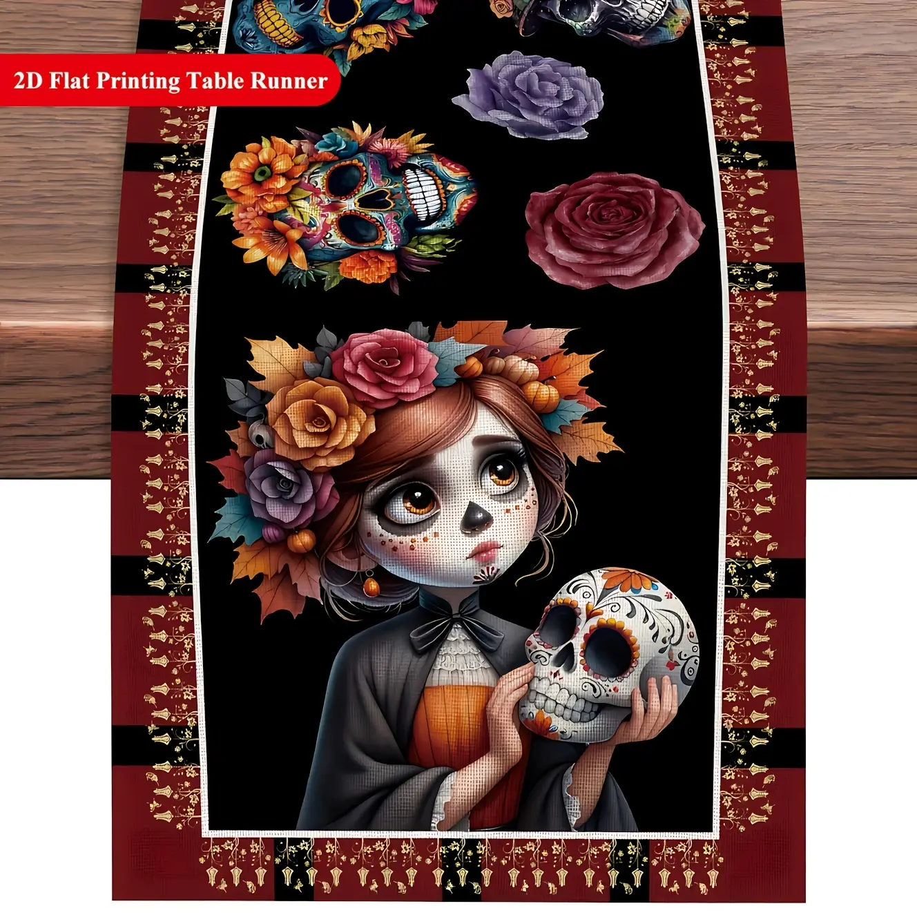 1 piece of Dia de los Muertos skull table flag Table Runner - A durable polyester material rectangular Halloween and home decoration, featuring bright sugar skulls, floral designs, a black background and red grid borders - for indoor/outdoor use