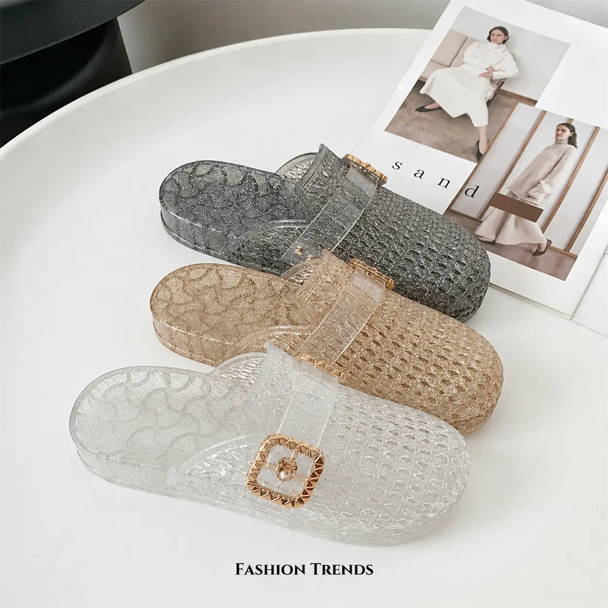 Women Clear Jelly Slip On Flats Closed Round Toe Mesh Sandals With Decorative Buckle