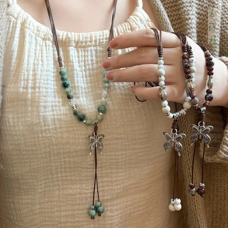 Female Vintage Ceramic Butterfly Pendant Necklace, New Chinese Ethnic Style, Adjustable Length Handmade Beaded Chain Casual Charm Jewelry