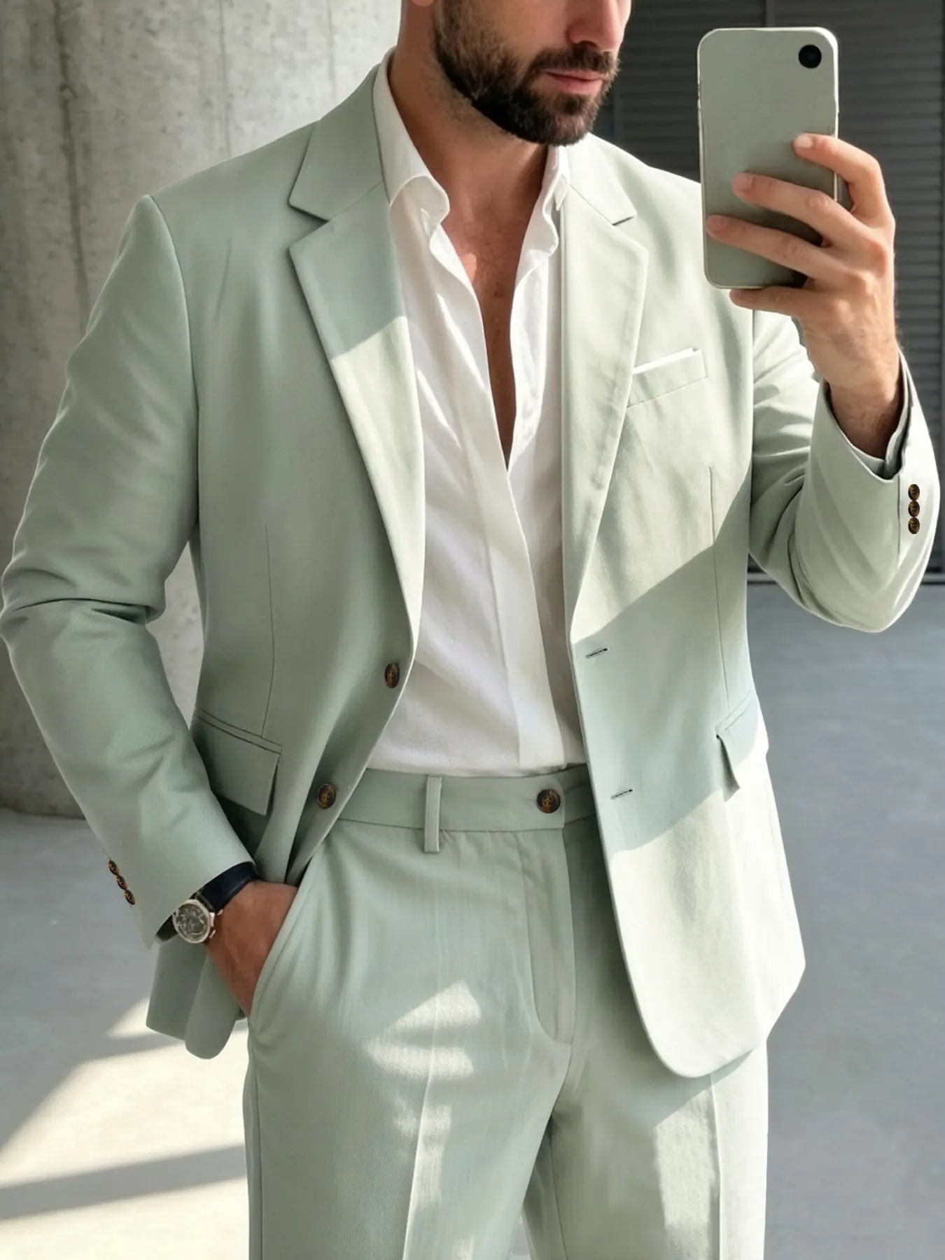 Men's Italian Mint Casual Suit Two-Piece Set, Lightweight Business Fit Blazer, Elastic Waist Pants, Wrinkle-Resistant Fabric