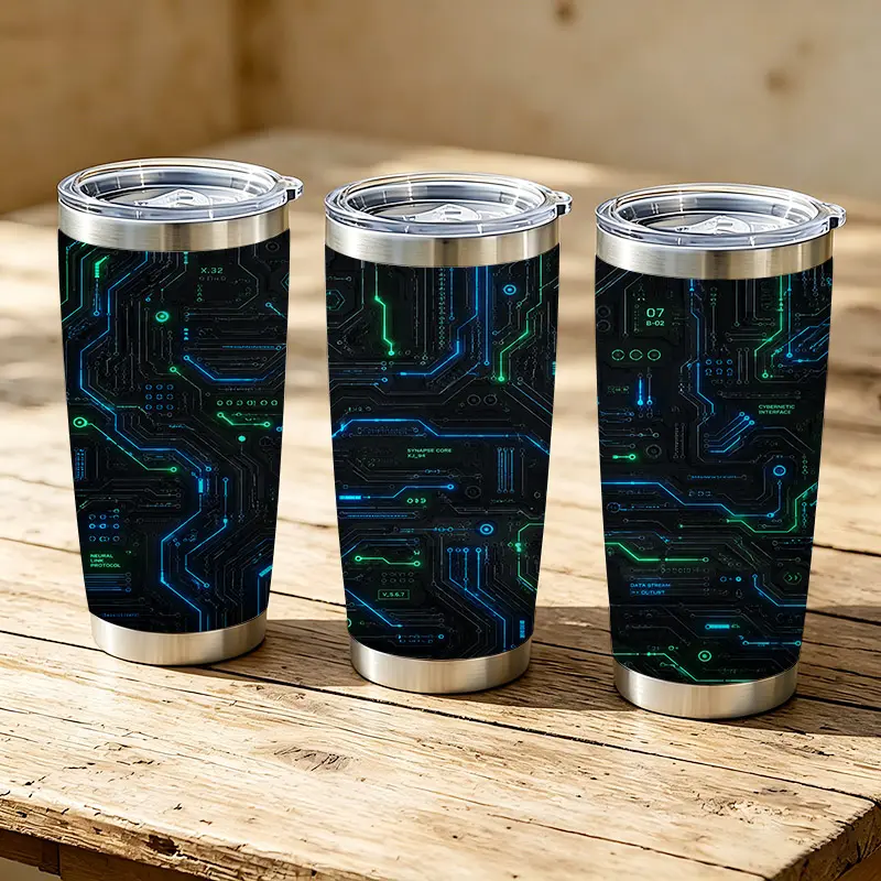 20oz Futuristic Cyber Circuit Board Pattern Stainless Steel Vacuum Flask - Portable Double-Wall Insulated Drinkware with Lid, Iced Tea & Coffee Tumbler, Ideal Birthday Holiday Gift