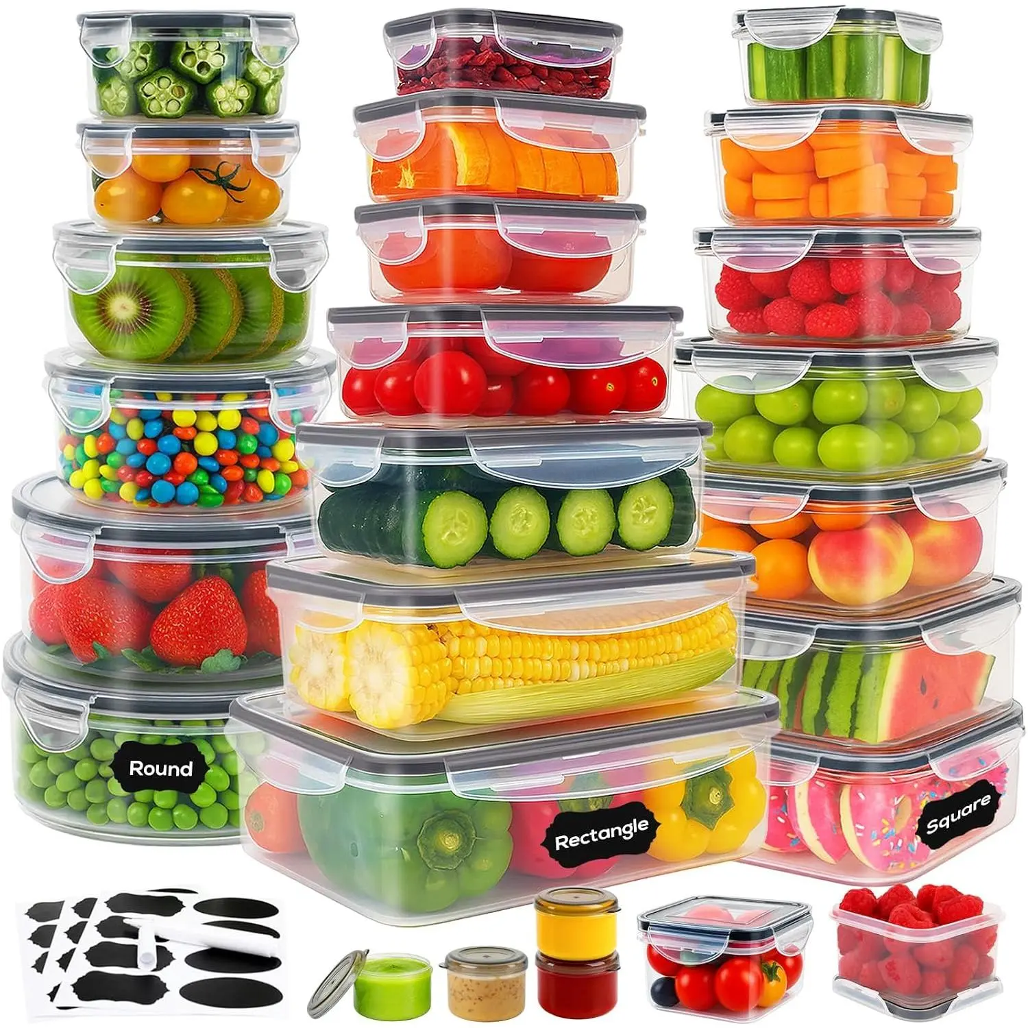 50 count Thicker  Storage Containers with , Clear Stackable Airtight Leakproof  Plastic Meal Prep Container Set for Kitchen Storage/ Lunch, Fridge/ Microwave Safe with Labels&Pen