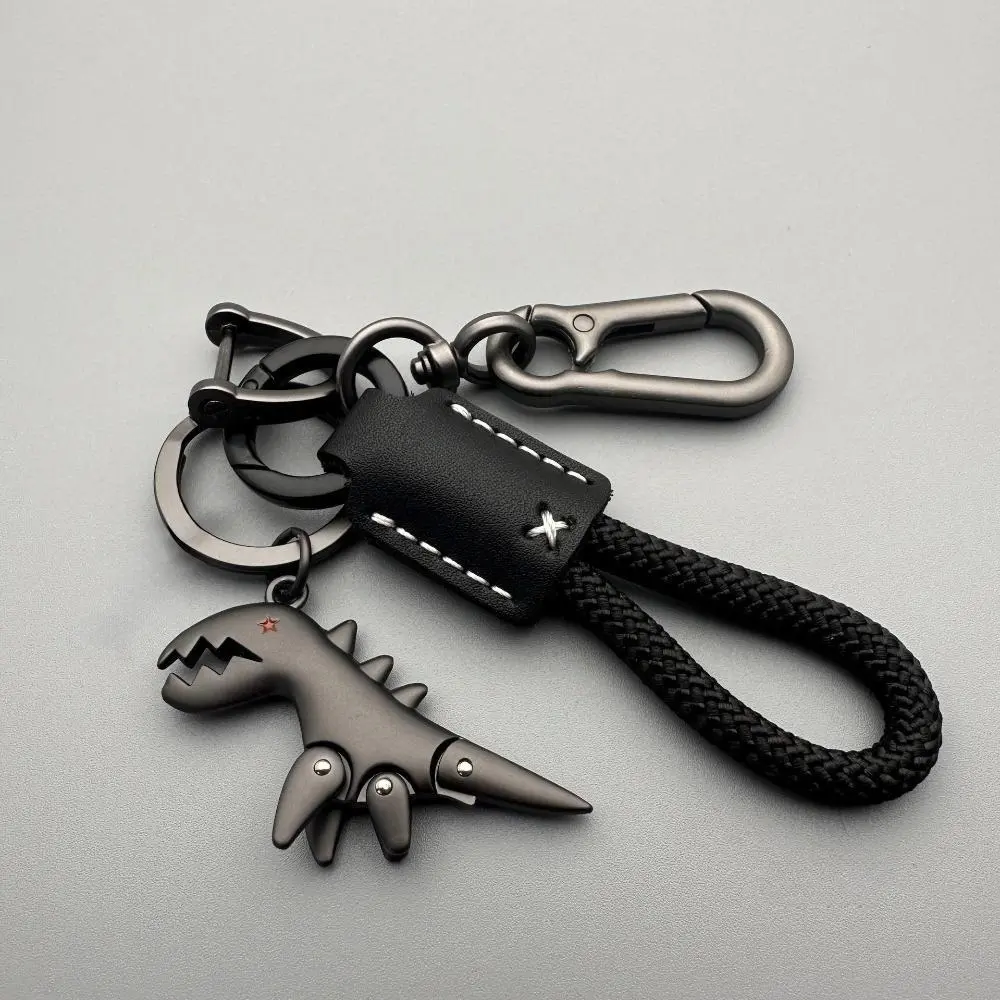 Edgy Matte Dinosaur Metal-Rope Keychain with Leather Patch, 2-Piece Heavy-Duty Movable Charm Set for Men, Practical Automobile Bag Accessory & Birthday Gift