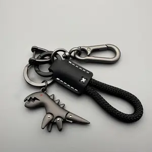 BeadBreath Dinosaur Metal Keychain, Woven Rope & Leather Key Holder, Cool Car & Motorcycle Key Pendant, Fashion Bag Charm Gift for Men