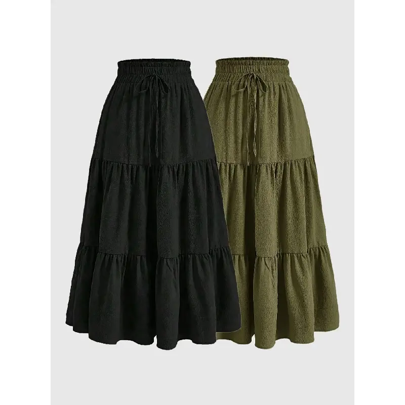 Women's skirt set, casual slim fit long skirt, with layered pleats, drawstring, thin woven fabric, lightweight, plain color pattern, suitable for all seasons, women's clothing
