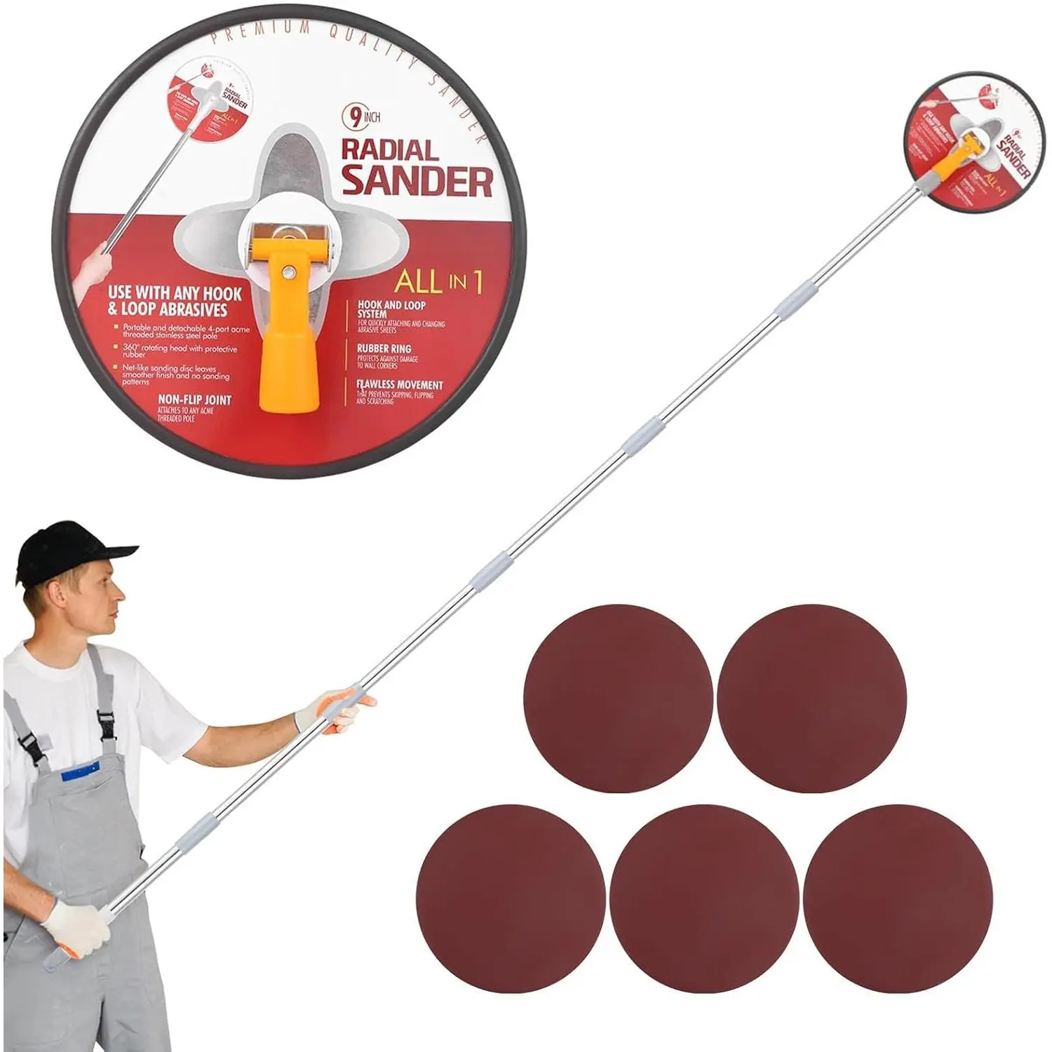 Drywall Pole Sander,Radial Sander,80" Drywall Sander with Extension Pole | 80" Drywall Sander with Extension Pole, 360° Rotating  for Wall & Ceiling Finishes, Complete with 5 count Sanding Sheets