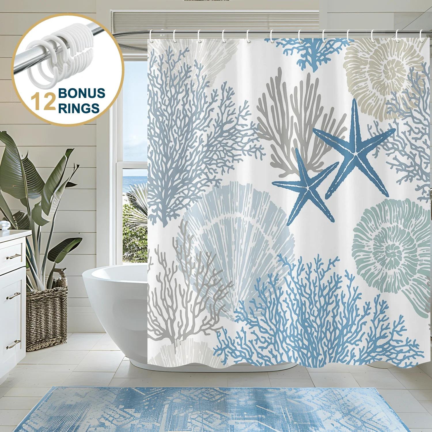 Blue Coastal Shower Curtain with Hooks, 72 x 72 Inch Heavy-Duty Water-Repellent Fabric Bathroom Curtain, Mold and Mildew Resistant, Weighted Hem, Machine Washable