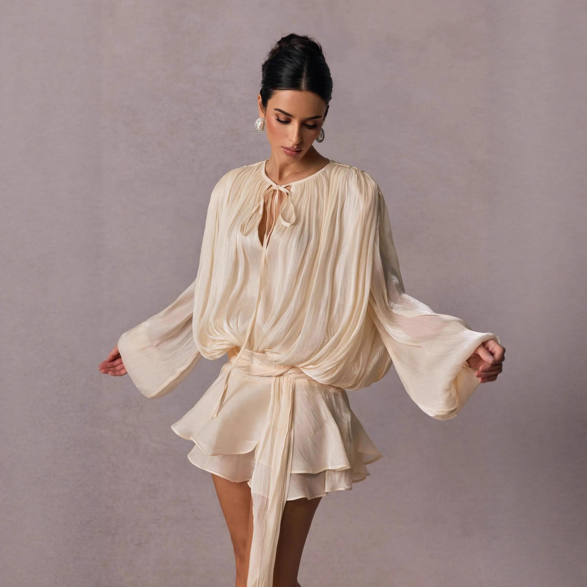 sequin fabric pleated lantern sleeves multi-layered ruffled hem mini dress,Pleated Ruffle Hem Mini Dress Hollow Out Tiered