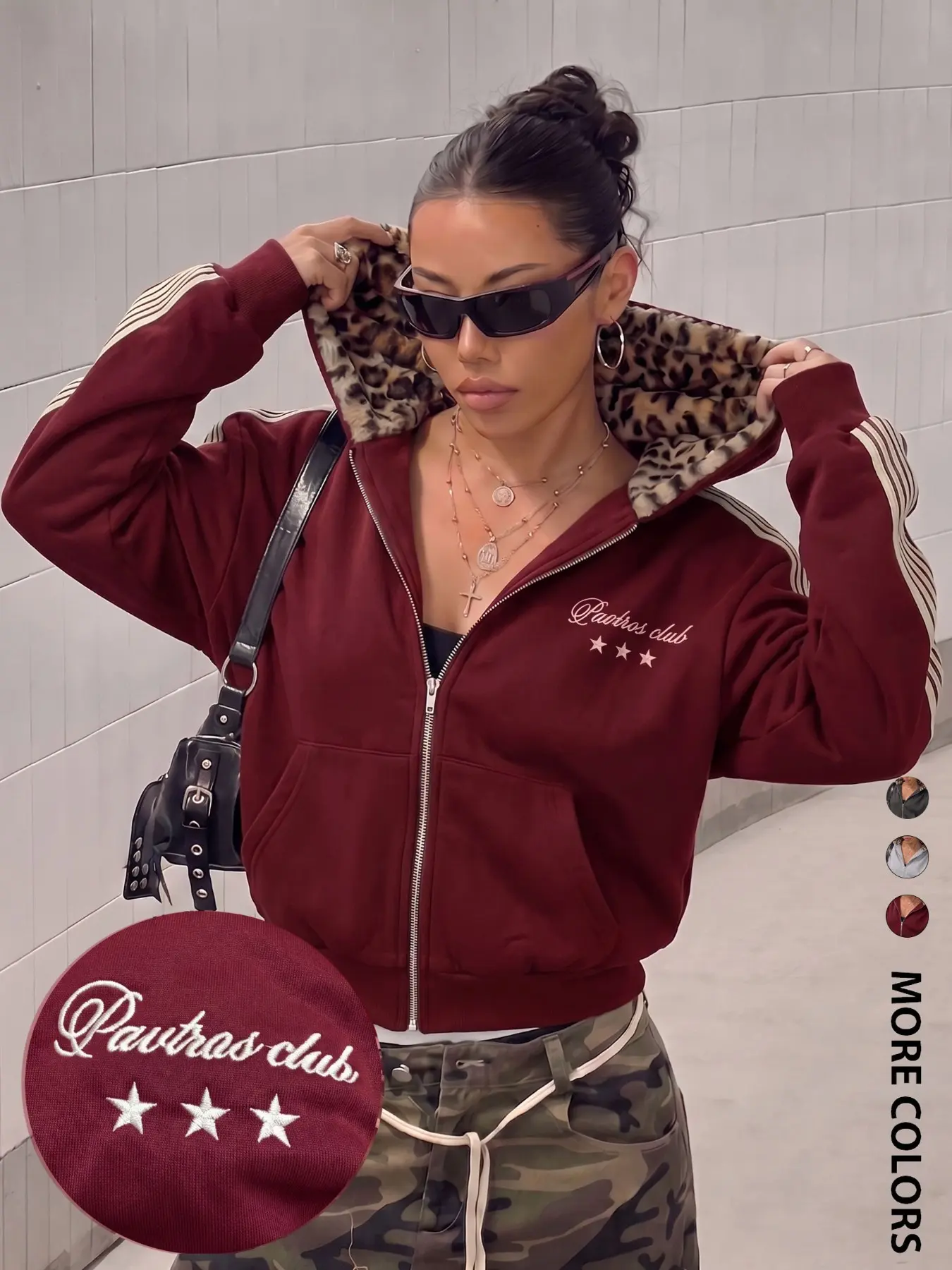 Women Y2K Hot Girl Zip Up Hooded Jacket Burgundy Leopard Print Lining Chest Script & 3 Stars Embroidery Cropped Street Single Top