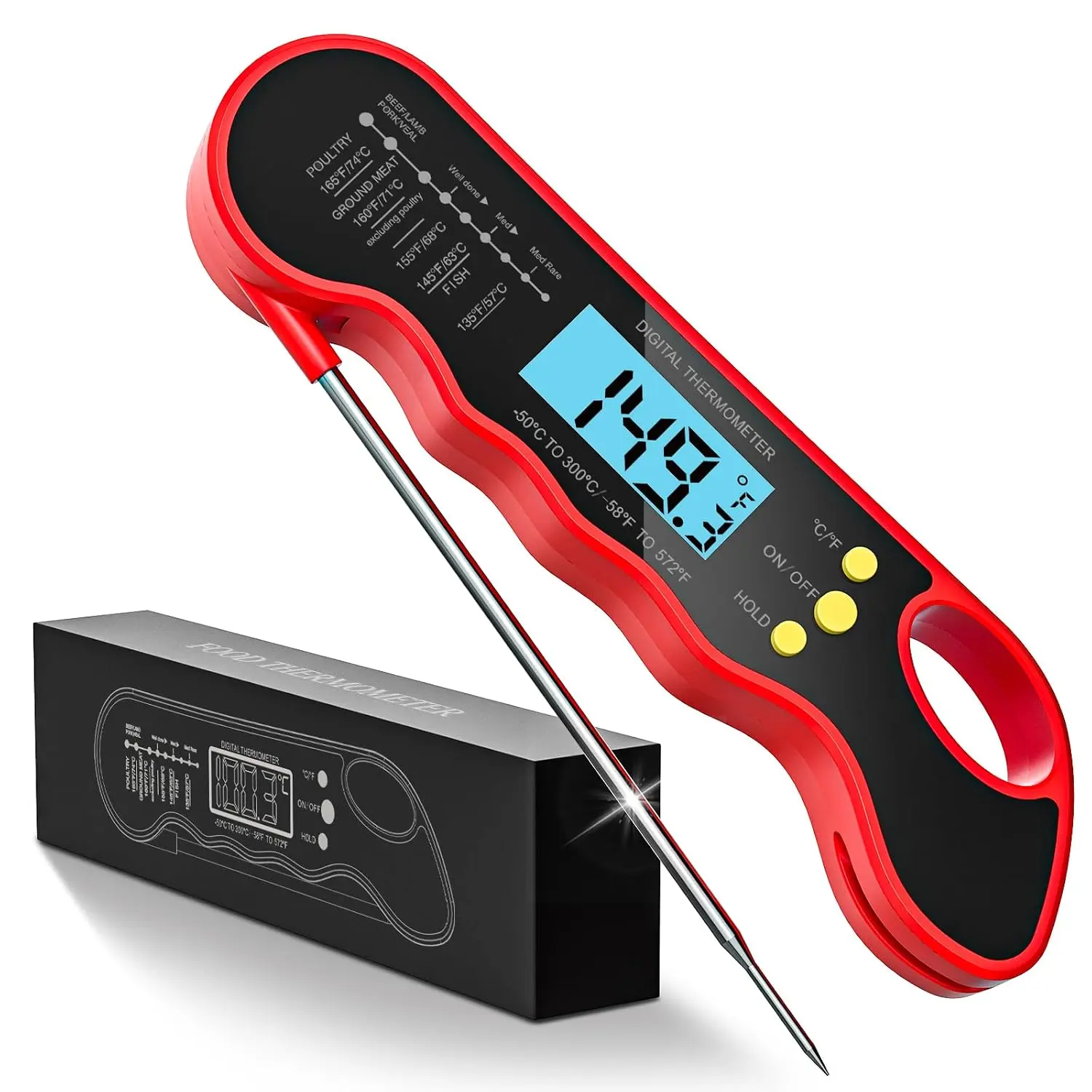 Read Meat Thermometer,  & Accurate Digital  Thermometer with Backlight,  &  for Grilling, Cooking, BBQ, , Baking, and Candy Making Red