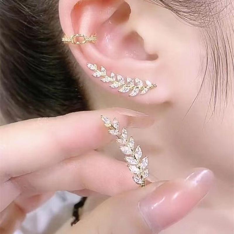 Shiny Full Diamond Leaf Earrings, Exquisite Zircon Light Luxury Wheat Ear Earrings, DDES0146 Fashionable and Elegant, Unique Design, High-end Sense Jewelry, 14K Gold-Plated