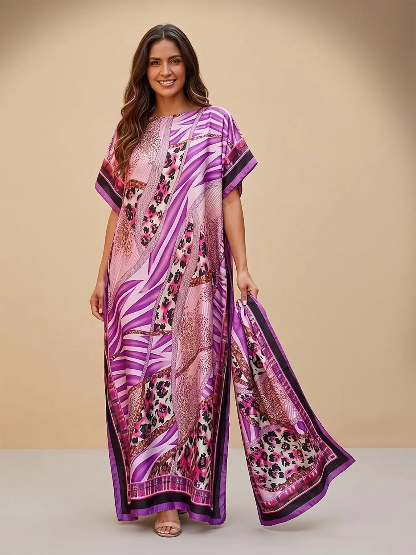 Elegant Floral Animal Patchwork Caftan for Women, Silky Smooth Vibe Loose Fit Summer Beach Cover Up Long Maxi Dress