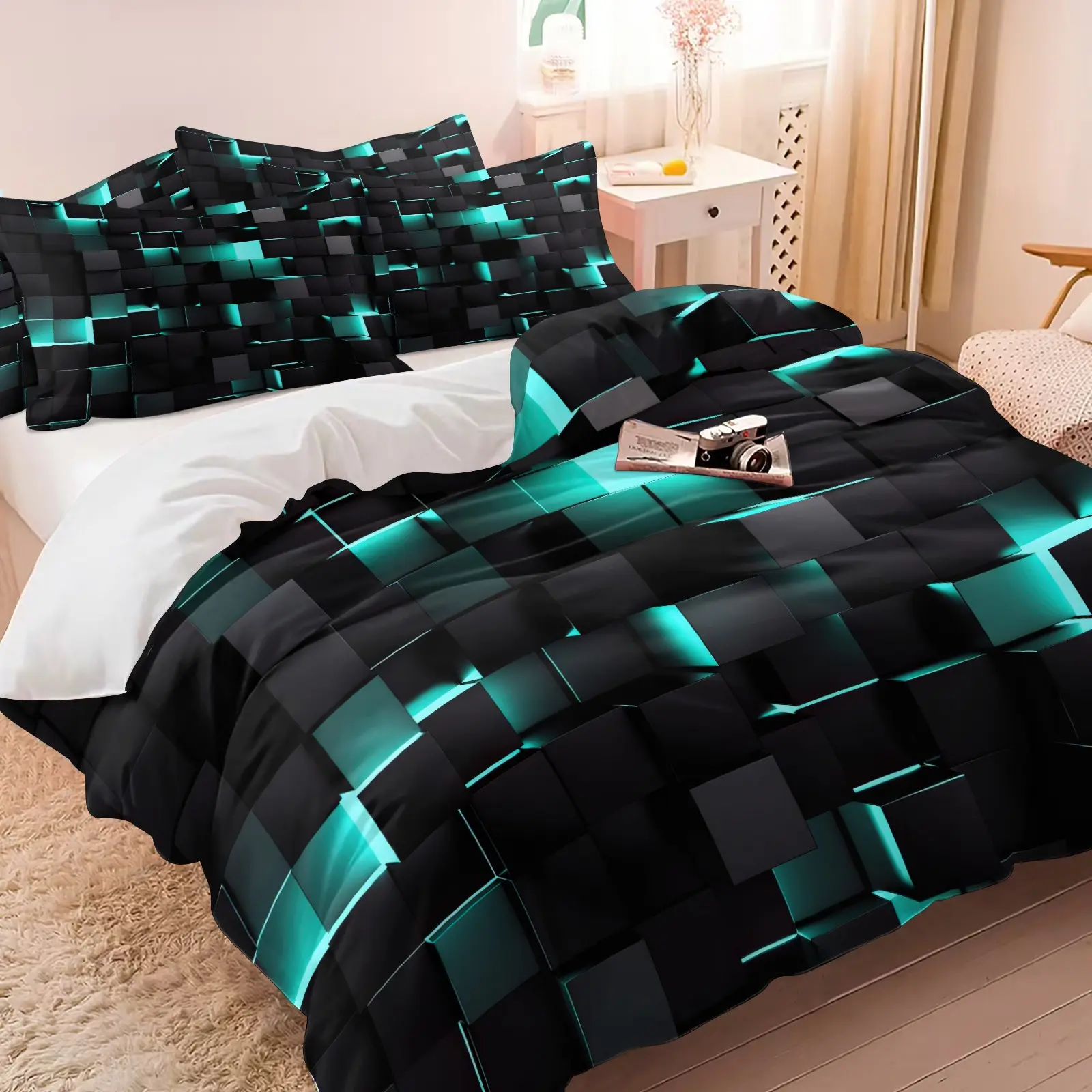 3PCS Dark Teal Geometric Square Duvet Cover Set (1 Duvet Cover + 1-2 Pillowcases), Black Base Cyan 3D Block Grid HD Digital Print, Soft Cozy Skin-Friendly All Seasons Bedding, Perfect for Modern Tech Masculine Bedroom Decor