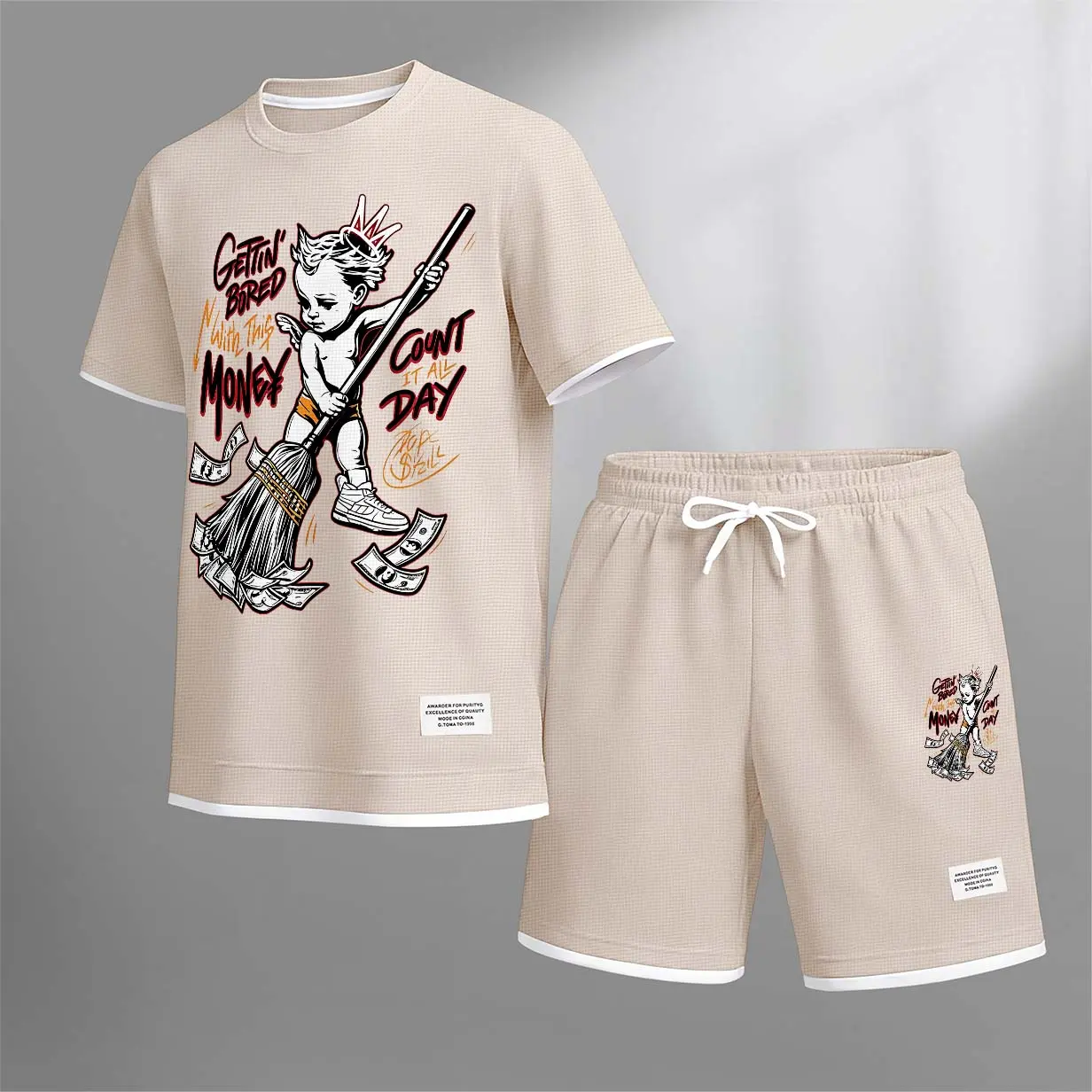 Men’s Gettin' Bored With This Money Count It All Day Graphic 2-Piece Set, Short Sleeve T-Shirt and Drawstring Shorts, Casual Loose Fit Summer Outfit, Lightweight Breathable Streetwear for Travel, Vacation, Daily Wear and Outdoor Activities