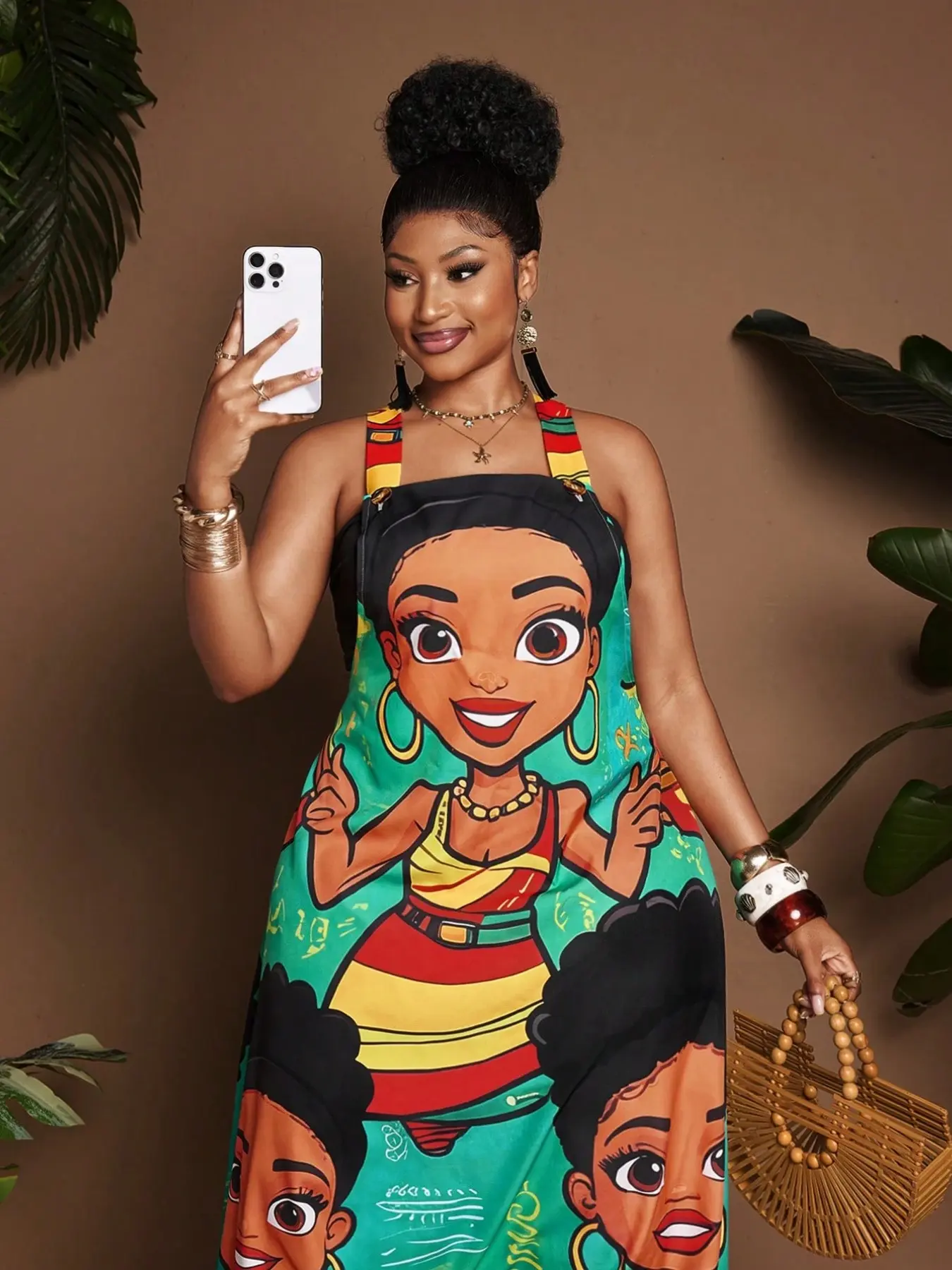 Women’s African Print Overall Dress, Colorful Graphic Print Summer Pinafore Dress, Boho Style, Slim-Fitting, Unlined Jumpsuit