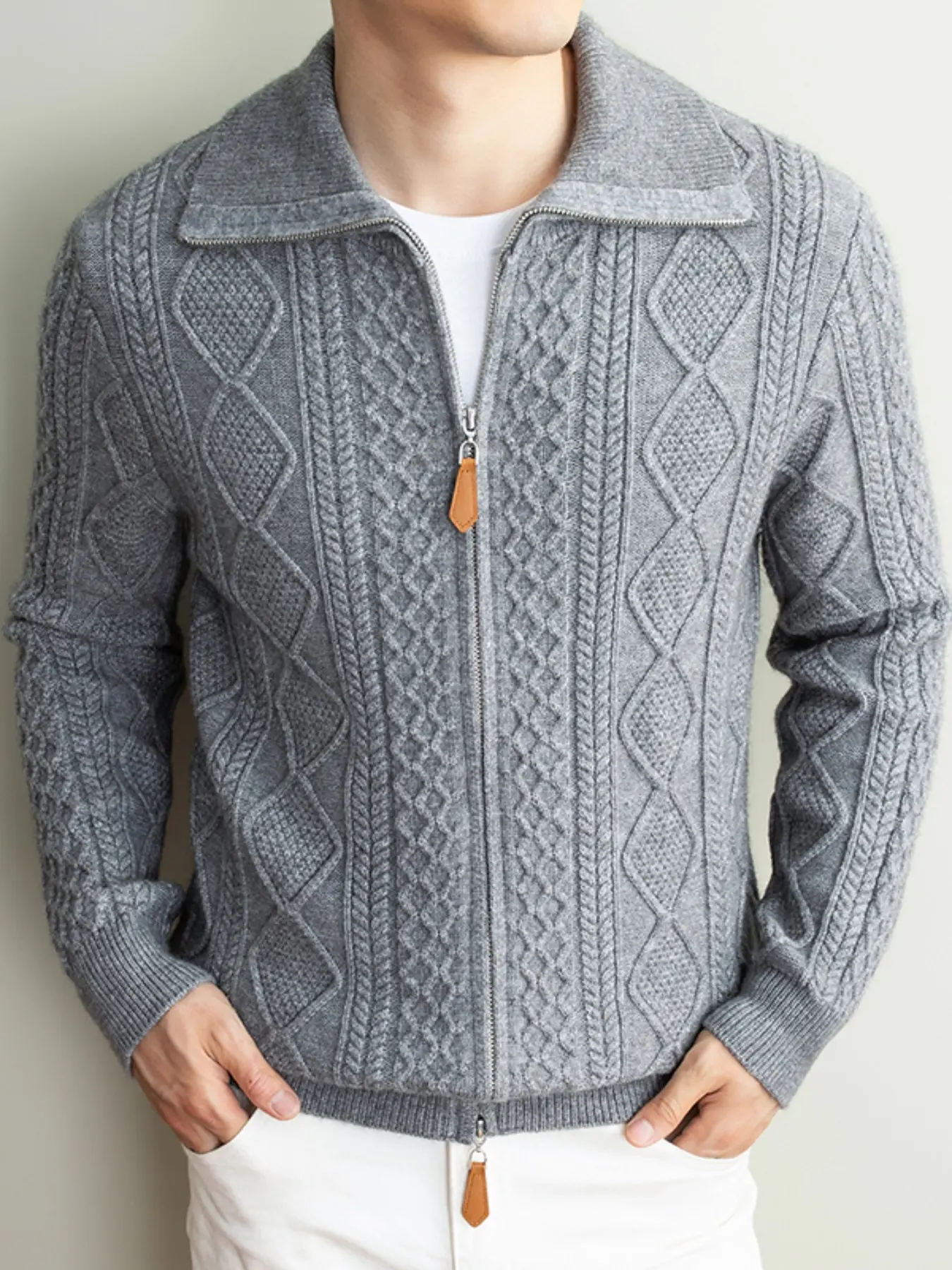 Men's Houndstooth Rhombus Pattern Zipper Casual Long Sleeve Knit Sweater, Fashionable Comfort Design, Ideal for Daily Wear, Fall & Winter